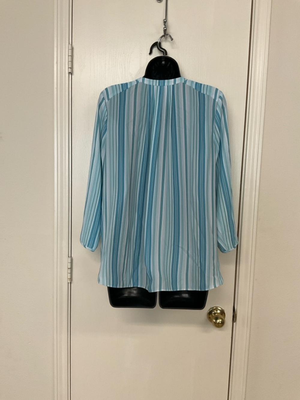 NYDJ Blue & White Striped Split-Neck Blouse - Picture 2 of 4